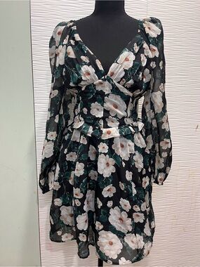 Abercrombie & Fitch Black Floral Long-Sleeve Wrap Dress